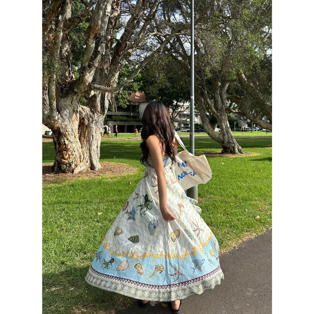 ALEMAIS + Sam Pauletto Bath House printed smocked linen midi dress US 2 - Picture 11 of 11